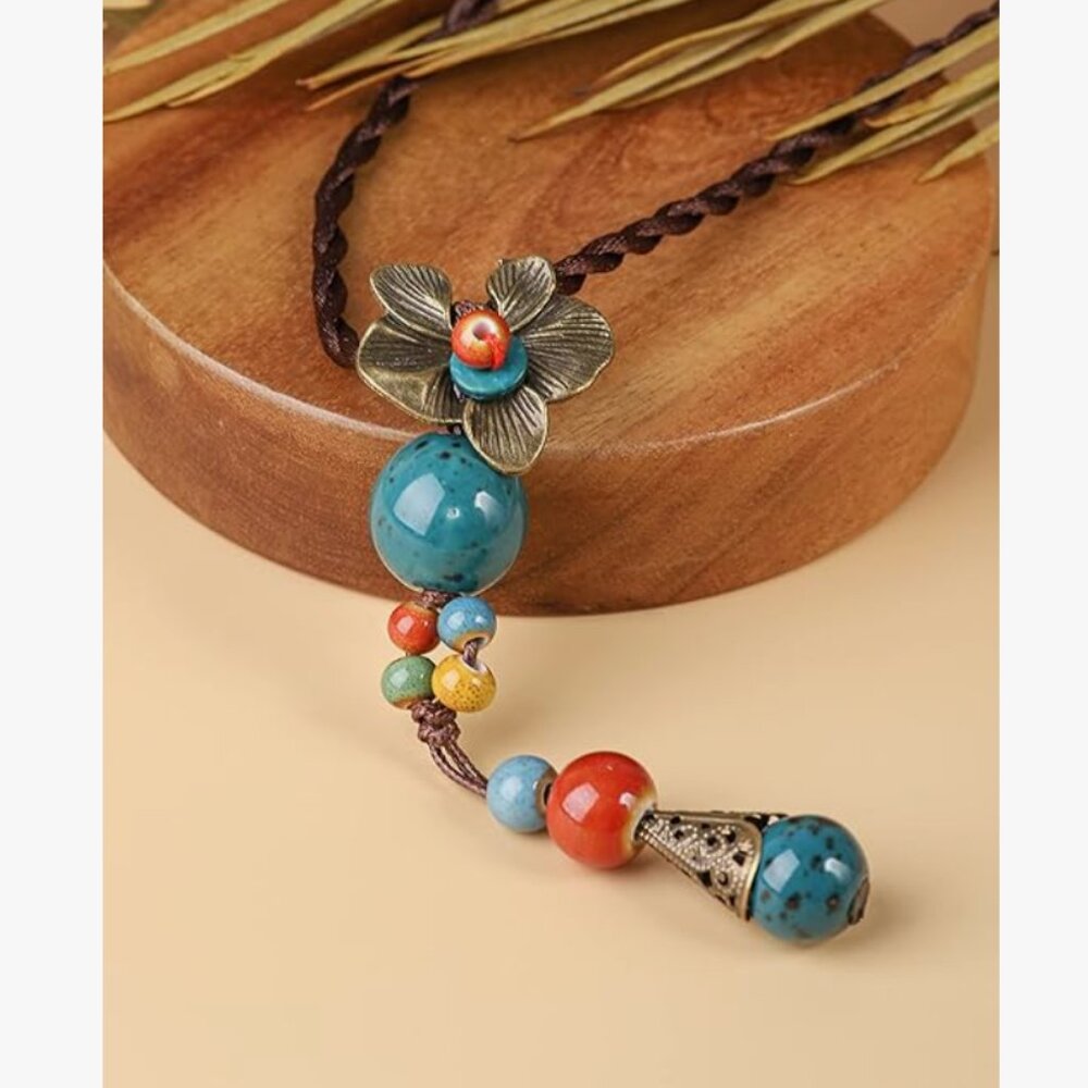 Anthro Vintage Bohemian Ceramic Bead Y Necklace – Antique Floral Pendant